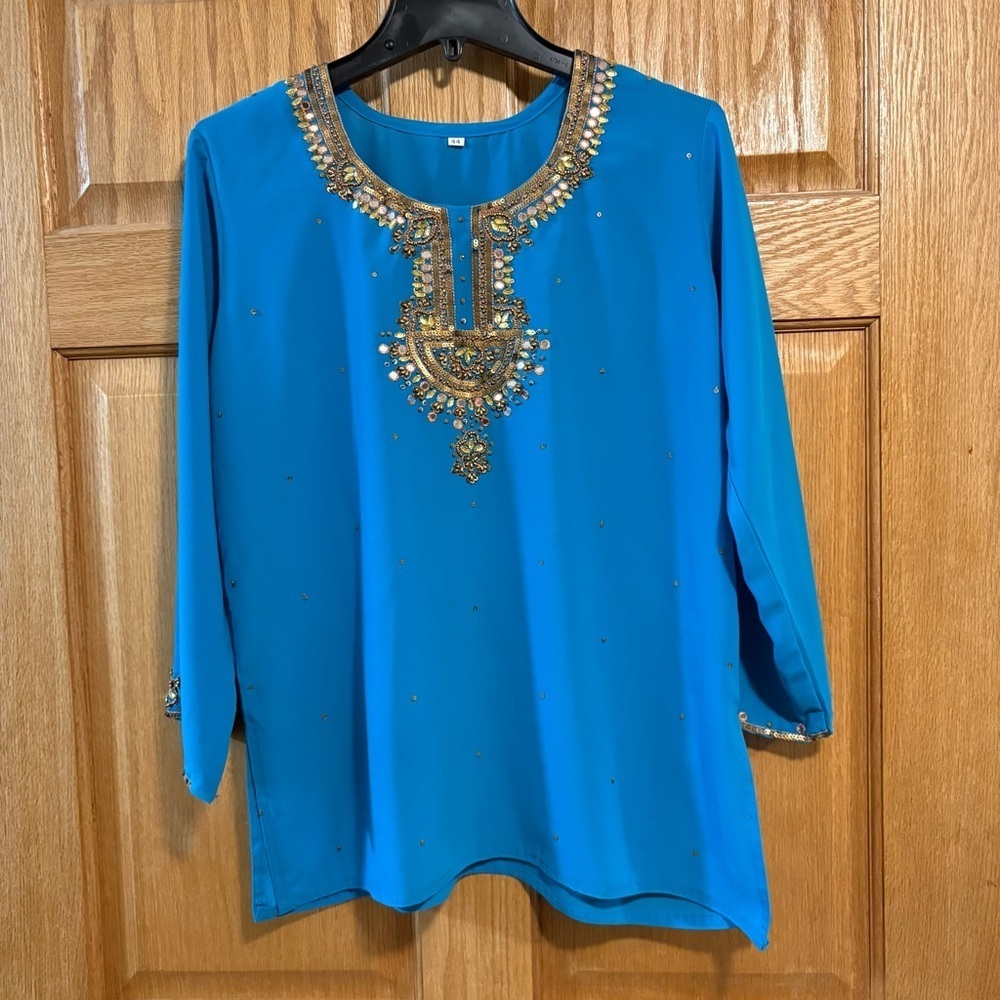 Teal Georgette Kurti Kurta Blouse Hand Embroidered & Beaded Embellished Womens L